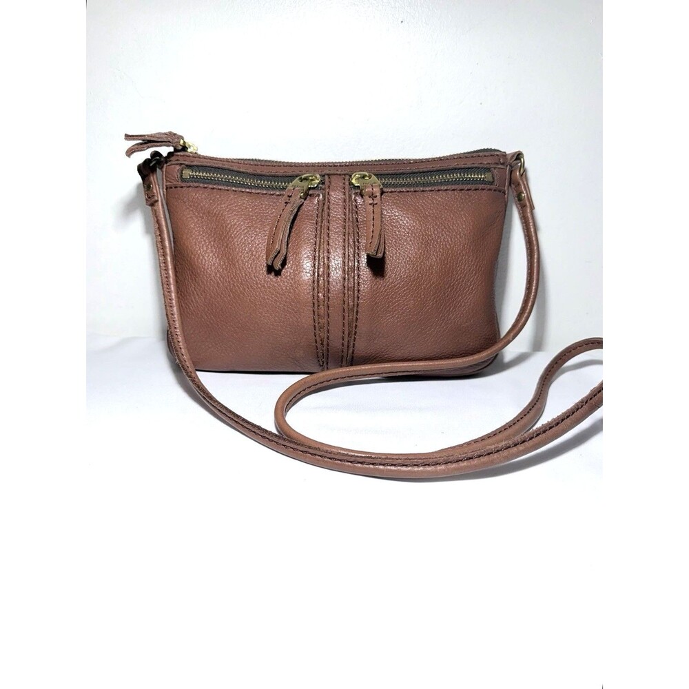 Fossil Vintage Brown Pebble Leather Double Zip Front Pocket Crossbody Purse